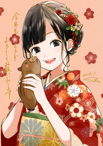 Anime picture 2894x4093 with original sako (user ndpz5754) single tall image looking at viewer fringe highres short hair open mouth black hair simple background smile holding signed upper body blunt bangs nail polish traditional clothes head tilt :d