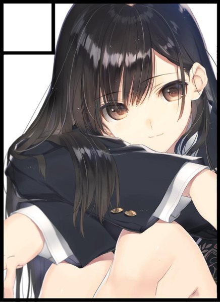 Anime picture 945x1299 with original nakamura takeshi single long hair tall image looking at viewer fringe black hair simple background hair between eyes white background sitting brown eyes head tilt light smile crossed arms girl uniform school uniform buttons