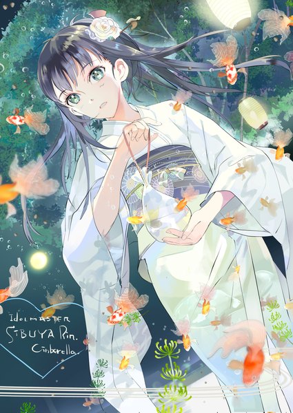 Anime picture 850x1200 with idolmaster idolmaster cinderella girls shibuya rin 119 single long hair tall image black hair green eyes traditional clothes japanese clothes hair flower copyright name character names girl hair ornament flower (flowers) kimono obi fish (fishes)