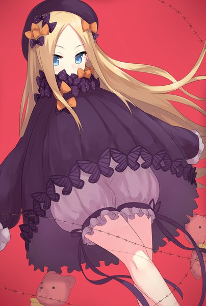 Anime picture 1488x2210 with fate (series) fate/grand order abigail williams (fate) ichijou (kr neru0) single long hair tall image looking at viewer blue eyes simple background blonde hair from below covered mouth girl dress bow hair bow hat black dress toy