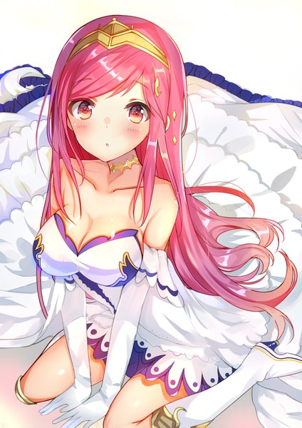 Anime picture 1500x2121 with shingeki no bahamut granblue fantasy henriette (shingeki no bahamut) aozora nan single long hair tall image blush breasts light erotic simple background red eyes large breasts white background sitting bare shoulders pink hair cleavage parted lips from above