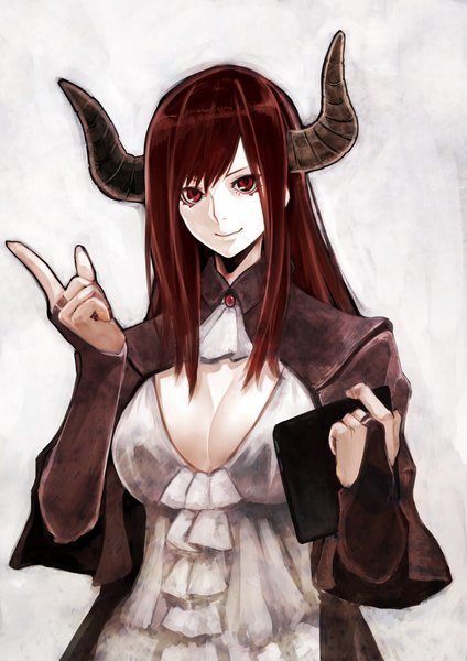Anime picture 1500x2121 with maoyuu maou yuusha arms corporation maou (maoyuu) ryu0120 single tall image looking at viewer fringe breasts light erotic red eyes large breasts holding cleavage red hair horn (horns) grey background white skin girl book (books)