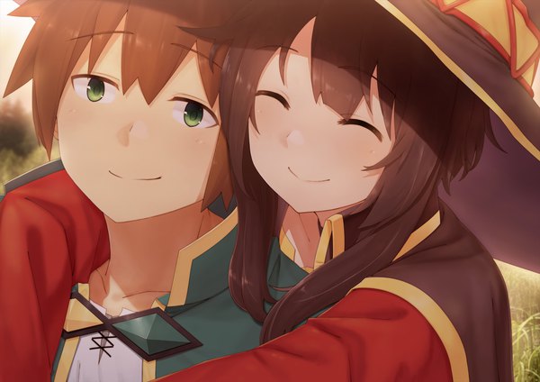 Anime picture 2000x1414 with kono subarashii sekai ni shukufuku wo! studio deen megumin satou kazuma dacchi looking at viewer blush fringe highres short hair smile hair between eyes brown hair green eyes payot upper body outdoors eyes closed light smile sunlight