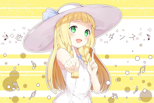 Anime picture 4096x2745 with pokemon pokemon sm nintendo lillie (pokemon) chitetan single long hair looking at viewer fringe highres open mouth blonde hair bare shoulders green eyes payot absurdres upper body blunt bangs braid (braids) :d