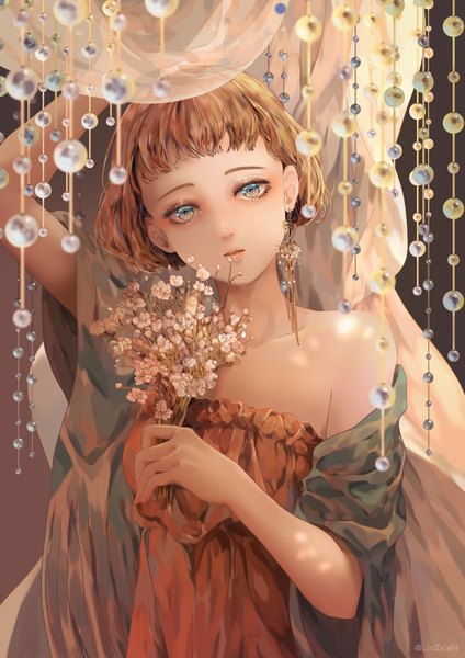 Anime picture 707x1000 with original linzxien single tall image looking at viewer fringe short hair blonde hair bare shoulders holding parted lips head tilt arm up lips lipstick eyeshadow makeup girl flower (flowers) earrings