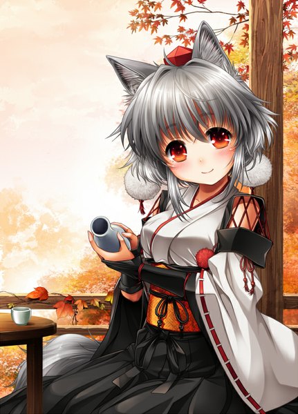 Anime picture 575x800 with touhou inubashiri momiji kei kei single tall image looking at viewer fringe short hair breasts smile red eyes sitting holding animal ears silver hair ahoge tail long sleeves traditional clothes japanese clothes