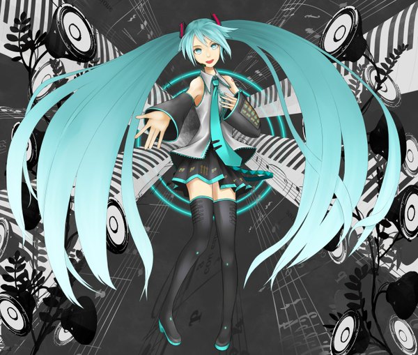 Anime picture 1414x1200 with vocaloid hatsune miku niou kaoru single open mouth twintails green eyes very long hair green hair girl skirt detached sleeves miniskirt necktie speakers