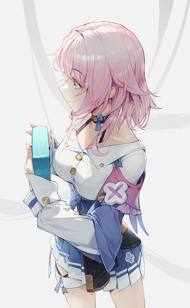 Anime picture 2000x3243 with honkai: star rail honkai (series) march 7th (honkai: star rail) cotta (heleif) single tall image highres short hair blue eyes smile standing looking away pink hair profile from above girl camera