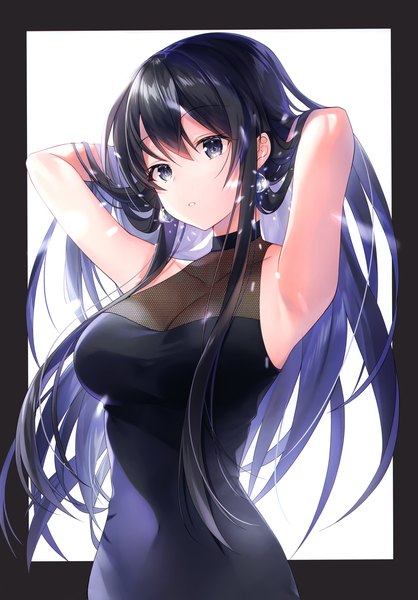 Anime picture 2447x3513 with original kagachi saku single long hair tall image looking at viewer fringe highres breasts black hair simple background hair between eyes standing parted lips black eyes scan arms up sparkle armpit (armpits) border