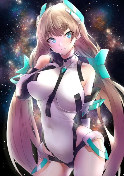 Anime picture 1722x2435 with expelled from paradise angela balzac fujitsubo (hujitubo0731) single long hair tall image fringe highres breasts light erotic blonde hair hair between eyes large breasts standing twintails bare shoulders looking away parted lips aqua eyes low twintails