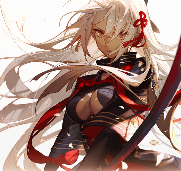 Anime picture 1000x943 with fate (series) koha-ace okita souji (fate) (all) okita souji alter (fate) ask (askzy) single long hair looking at viewer fringe breasts light erotic simple background hair between eyes red eyes white background cleavage silver hair upper body wind dark skin