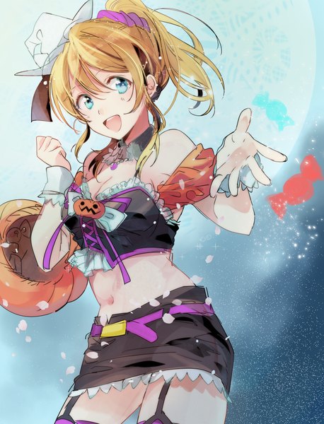 Anime picture 725x950 with love live! school idol project sunrise (studio) love live! ayase eli sakuramochi single long hair tall image looking at viewer blush fringe breasts open mouth blonde hair smile looking away ponytail bare belly midriff zettai ryouiki
