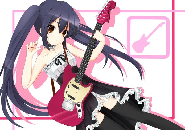 Anime picture 1000x706 with k-on! kyoto animation nakano azusa if (asita) long hair black hair twintails brown eyes loli girl thighhighs dress black thighhighs guitar