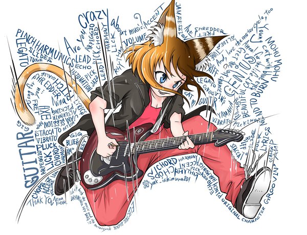 Anime picture 1853x1423 with original doitsuken single highres short hair blue eyes brown hair white background animal ears tail animal tail open jacket cat tail fox ears text english jumping clenched teeth playing instrument borrowed character