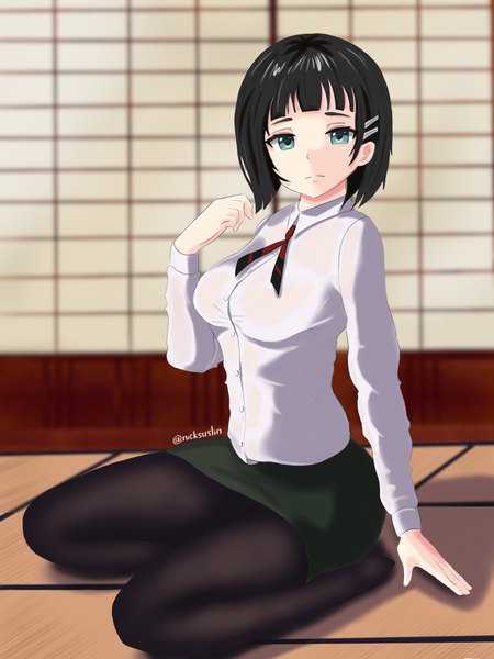 Anime picture 1668x2224 with sword art online a-1 pictures kirigaya suguha nicksuslin single tall image looking at viewer fringe short hair breasts black hair large breasts sitting signed full body bent knee (knees) indoors long sleeves aqua eyes no shoes