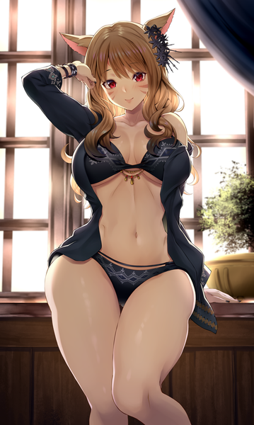 Anime-Bild 837x1400 mit final fantasy final fantasy xiv square enix miqo'te emanon123 single long hair tall image looking at viewer fringe breasts light erotic blonde hair smile red eyes large breasts standing animal ears indoors nail polish