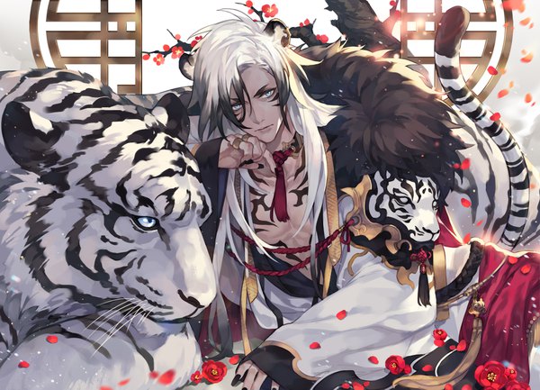 Anime picture 2000x1445 with original masa ashe single long hair looking at viewer fringe highres blue eyes black hair hair between eyes animal ears white hair tail nail polish traditional clothes animal tail multicolored hair fingernails wide sleeves two-tone hair