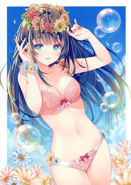Anime picture 2087x2946 with original miwabe sakura single long hair tall image looking at viewer blush fringe highres breasts open mouth blue eyes light erotic black hair smile standing payot sky cleavage cloud (clouds)