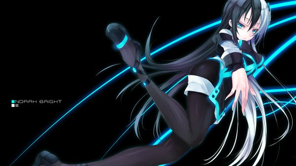 Anime picture 1920x1080 with original norah bright fukai ryosuke single long hair highres blue eyes black hair simple background wide image white hair multicolored hair inscription legs girl shoes