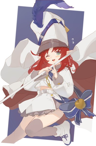 Anime picture 1416x2154 with arknights myrtle (arknights) myrtle (light gold celebration) (arknights) atianshi single long hair tall image looking at viewer blush open mouth bent knee (knees) red hair one eye closed aqua eyes pointy ears wink official alternate costume ;d girl thighhighs