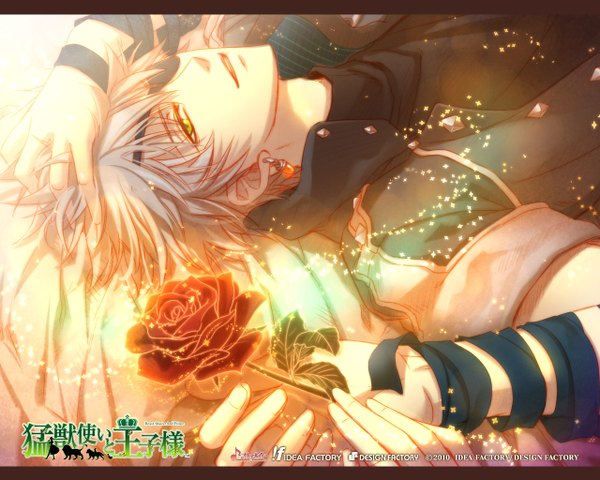 Anime picture 1280x1024 with beast master and prince (game) idea factory alfred (beast master and prince) yellow eyes white hair boy flower (flowers) earrings rose (roses) eyepatch