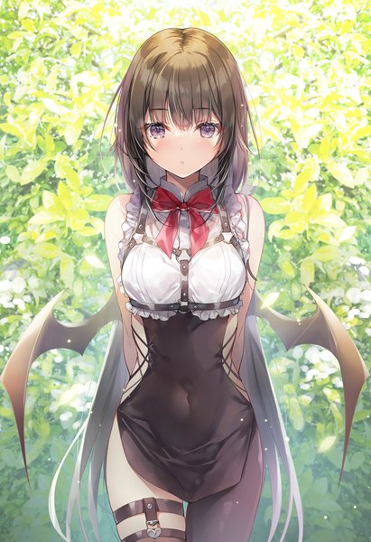 Anime picture 891x1300 with original miwabe sakura single long hair tall image blush fringe black hair standing purple eyes bare shoulders outdoors blunt bangs thigh gap covered navel arm behind back demon wings girl gloves plant (plants)