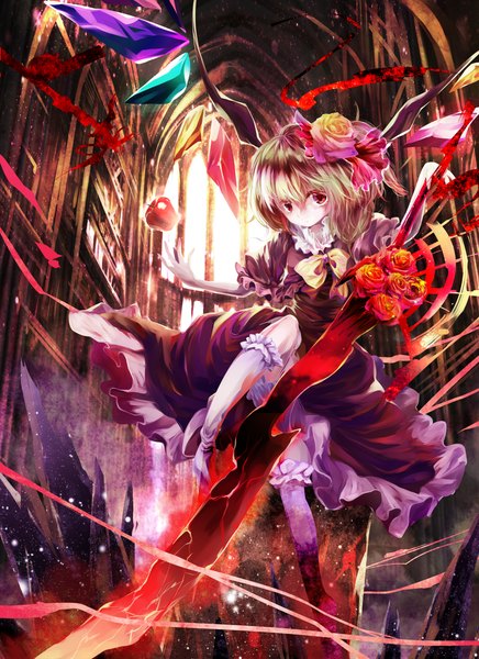 Anime picture 1000x1376 with touhou flandre scarlet torino aqua single tall image short hair blonde hair red eyes magic girl dress flower (flowers) weapon wings apple laevatein (touhou)