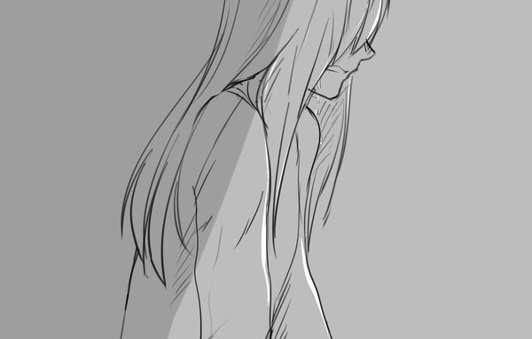 Anime picture 1280x816 with to aru majutsu no index j.c. staff single long hair fringe simple background long sleeves parted lips profile hair over one eye grey background tears monochrome crying sketch girl