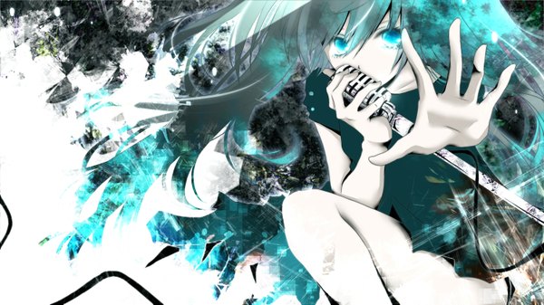 Anime picture 1500x843 with vocaloid hatsune miku aonoe blue eyes wide image green eyes girl microphone wire (wires) microphone stand