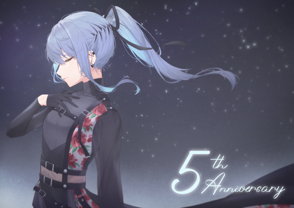 Anime picture 4299x3035 with virtual youtuber hololive hoshimachi suisei hoshimachi suisei (shout in crisis) a9 (repainter) single long hair highres standing blue hair absurdres upper body ponytail eyes closed profile piercing official alternate costume floral print ear piercing anniversary