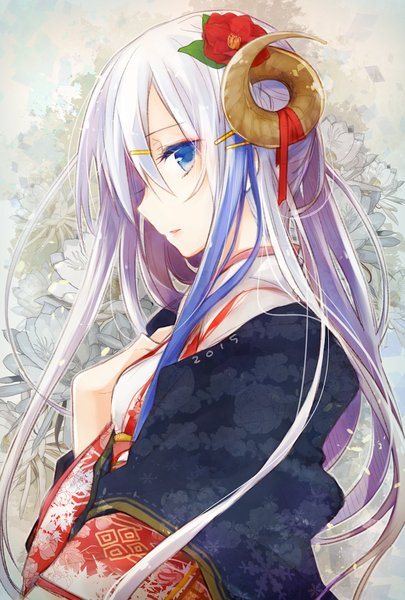 Anime picture 700x1036 with original mikoto kei single long hair tall image looking at viewer fringe hair between eyes blue hair pink hair upper body white hair traditional clothes japanese clothes profile multicolored hair hair flower horn (horns) wide sleeves streaked hair