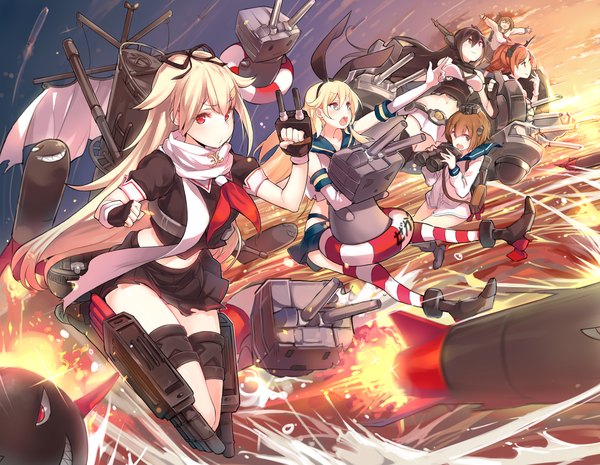 Anime picture 1500x1164 with kantai collection shimakaze destroyer rensouhou-chan yuudachi destroyer nagato battleship mutsu battleship inazuma destroyer yukikaze destroyer yuran (cozyquilt) long hair looking at viewer open mouth black hair blonde hair brown hair multiple girls looking away bare belly spread arms 6+ girls