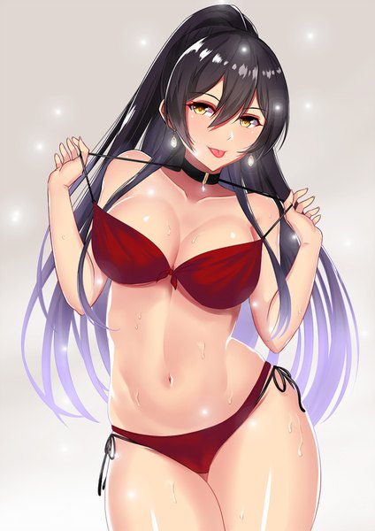 Anime picture 1059x1500 with idolmaster idolmaster shiny colors shirase sakuya rafu (motrer1) single long hair tall image looking at viewer blush breasts light erotic black hair simple background large breasts yellow eyes payot ponytail thighs gradient background glowing