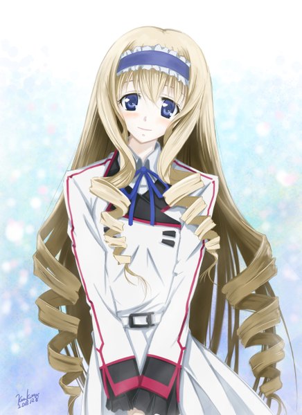 Anime picture 953x1310 with infinite stratos 8bit cecilia orcott kem kem single long hair tall image looking at viewer blush blue eyes blonde hair signed light smile drill hair girl uniform school uniform hairband