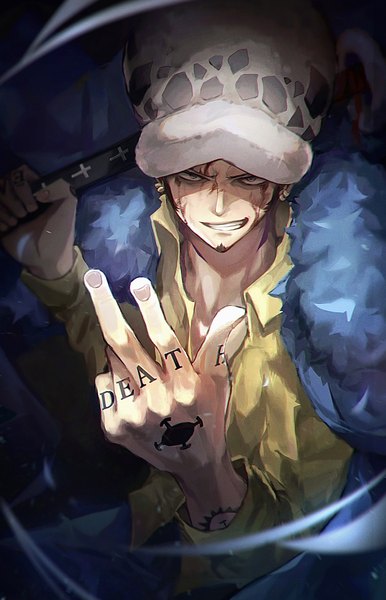 Anime picture 1544x2397 with one piece toei animation trafalgar law hisiya (wldn1112) single tall image looking at viewer fingernails tattoo piercing ear piercing blood on face boy blood cap