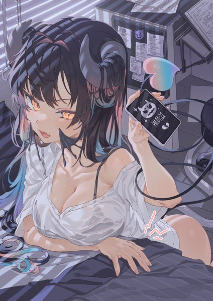 Anime picture 3720x5262 with original dia (hong) hxxg single long hair tall image looking at viewer blush fringe highres breasts open mouth light erotic black hair large breasts holding absurdres ahoge indoors tail