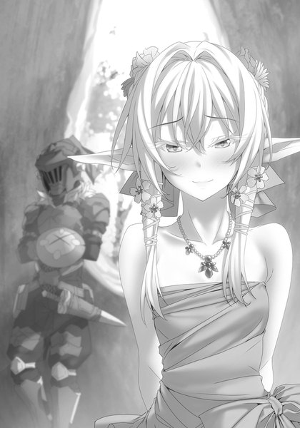 Anime picture 1434x2048 with goblin slayer! white fox high elf archer (goblin slayer!) goblin slayer kannatsuki noboru long hair tall image looking at viewer blush fringe breasts smile hair between eyes standing bare shoulders payot upper body hair flower pointy ears scan