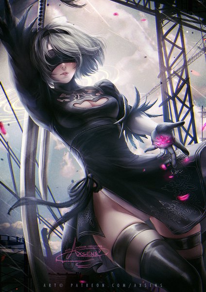 Anime picture 848x1200 with nier nier:automata yorha no. 2 type b axsen single tall image fringe short hair breasts light erotic standing holding signed sky silver hair cloud (clouds) bent knee (knees) outdoors parted lips arm up