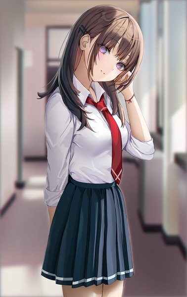 Anime picture 1106x1754 with original lloule single long hair tall image looking at viewer fringe smile brown hair standing purple eyes indoors blunt bangs parted lips head tilt pleated skirt blurry depth of field arm behind back girl
