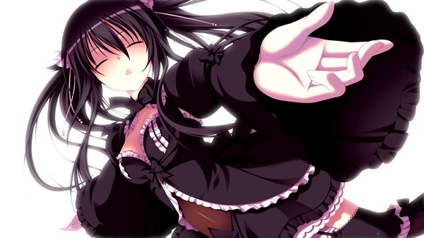 Anime picture 2560x1440 with gensou no idea shinomori rinon makita maki single long hair highres black hair wide image white background game cg eyes closed spread arms girl thighhighs dress bow black thighhighs frills