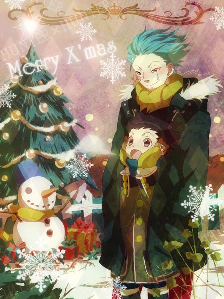 Anime picture 1200x1600 with hunter x hunter hisoka (hunter x hunter) gon freaks zoff (daria) tall image blush short hair open mouth black hair light smile aqua hair tattoo facial mark christmas snow hands in pockets face paint merry christmas alternate color alternate hair color