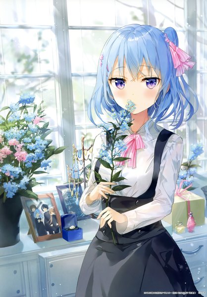 Anime picture 2999x4300 with original fuumi (radial engine) single tall image looking at viewer blush fringe highres short hair hair between eyes standing purple eyes blue hair indoors scan one side up girl dress flower (flowers) ribbon (ribbons)