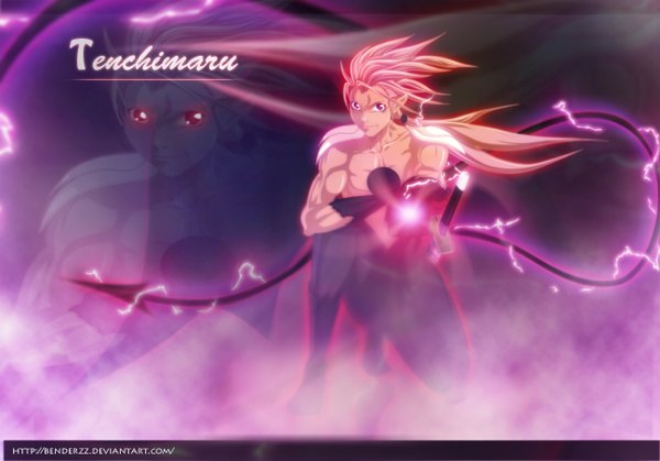 Anime picture 1300x908 with original benderzz single long hair smile red eyes pink hair tail pointy ears inscription coloring magic light smoke muscle demon tail zoom layer boy weapon sword