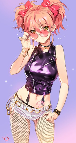 Anime picture 1097x2040 with idolmaster idolmaster cinderella girls jougasaki mika yd (orange maru) single long hair tall image looking at viewer fringe light erotic simple background smile hair between eyes standing twintails bare shoulders signed yellow eyes payot pink hair