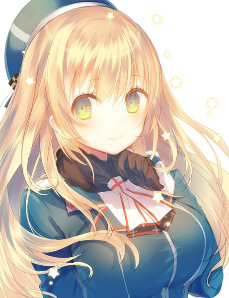Anime picture 1200x1560 with kantai collection atago heavy cruiser yosuga ioru single long hair tall image looking at viewer blush breasts simple background blonde hair smile large breasts white background green eyes upper body girl gloves uniform black gloves