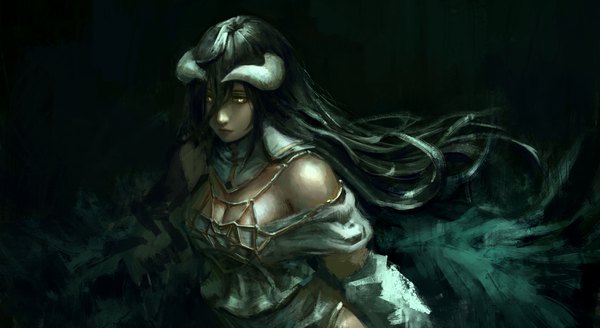 Anime picture 4699x2576 with overlord (maruyama) madhouse albedo (overlord) dnjswns178 single long hair fringe highres breasts black hair simple background hair between eyes wide image yellow eyes absurdres cleavage horn (horns) from above demon girl girl