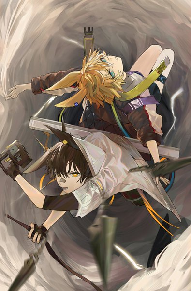 Anime picture 1045x1586 with arknights leonhardt (arknights) ayerscarpe (arknights) koio tall image looking at viewer short hair blue eyes blonde hair brown hair animal ears yellow eyes multiple boys bunny ears jumping bandaid on nose bunny boy boy weapon 2 boys