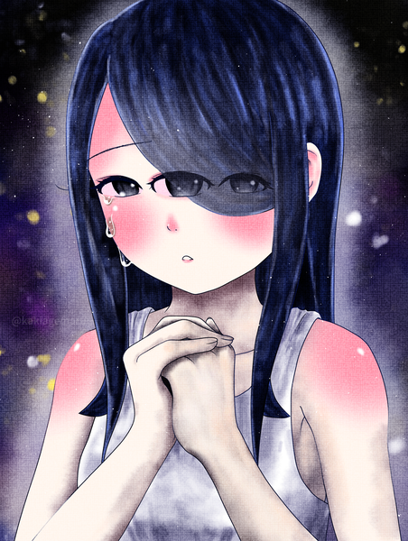 Anime-Bild 2894x3844 mit original kakiagemaru single long hair tall image looking at viewer blush fringe highres black hair simple background signed upper body parted lips black eyes hair over one eye twitter username tears crying hands clasped
