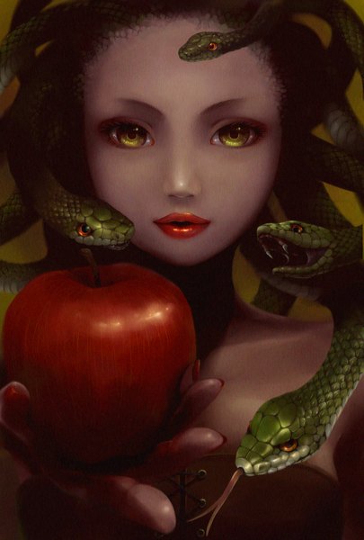 Anime picture 1181x1748 with original ayumi k tall image looking at viewer bare shoulders green eyes yellow eyes nail polish fingernails lips realistic girl animal tongue fruit apple snake