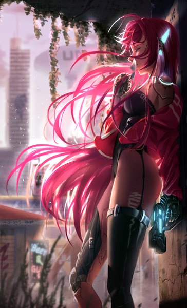 Anime picture 1457x2400 with original geduan single long hair tall image fringe breasts light erotic hair between eyes standing holding pink hair ahoge outdoors eyes closed wind off shoulder open jacket dated against wall